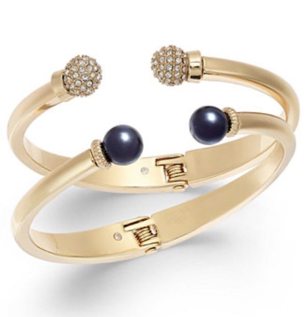 Charter Club Cuff Bracelets 2-Pc. Set Pavé Bead & Imitation Pearl New Gold Tone